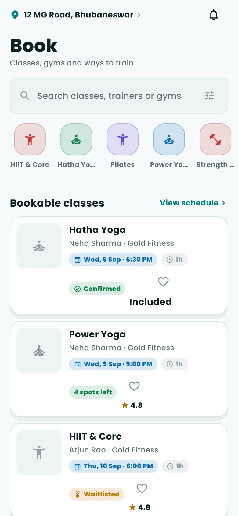 Gymnast Book screen: search, class categories and bookable classes with confirmed, spots-left and waitlisted states.