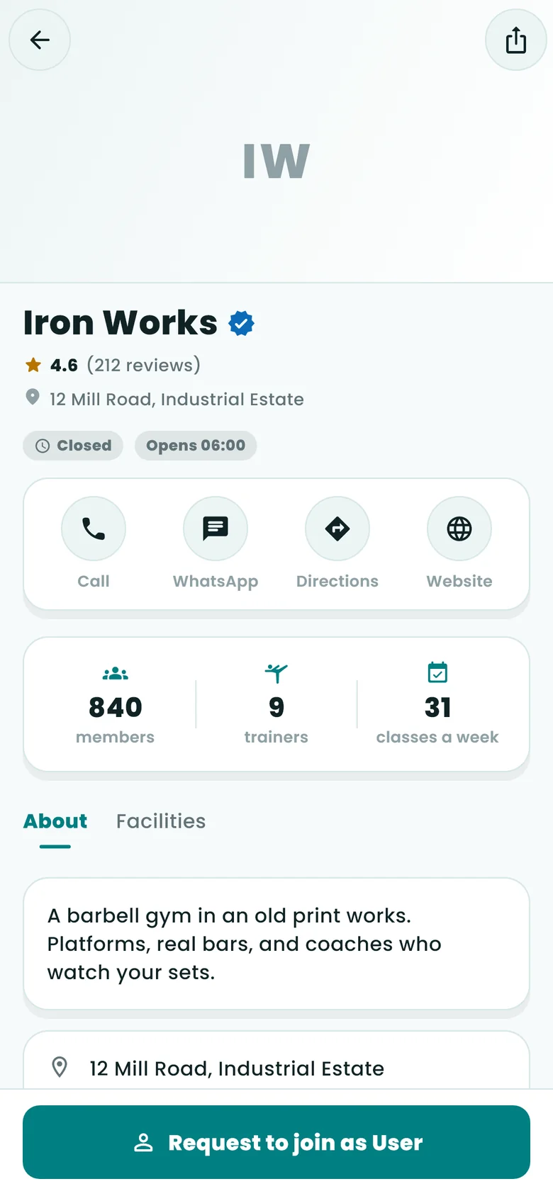 A gym's profile in the Gymnast app: name, rating, address, call, WhatsApp, directions and website buttons, member, trainer and class counts, and a Request to join button.