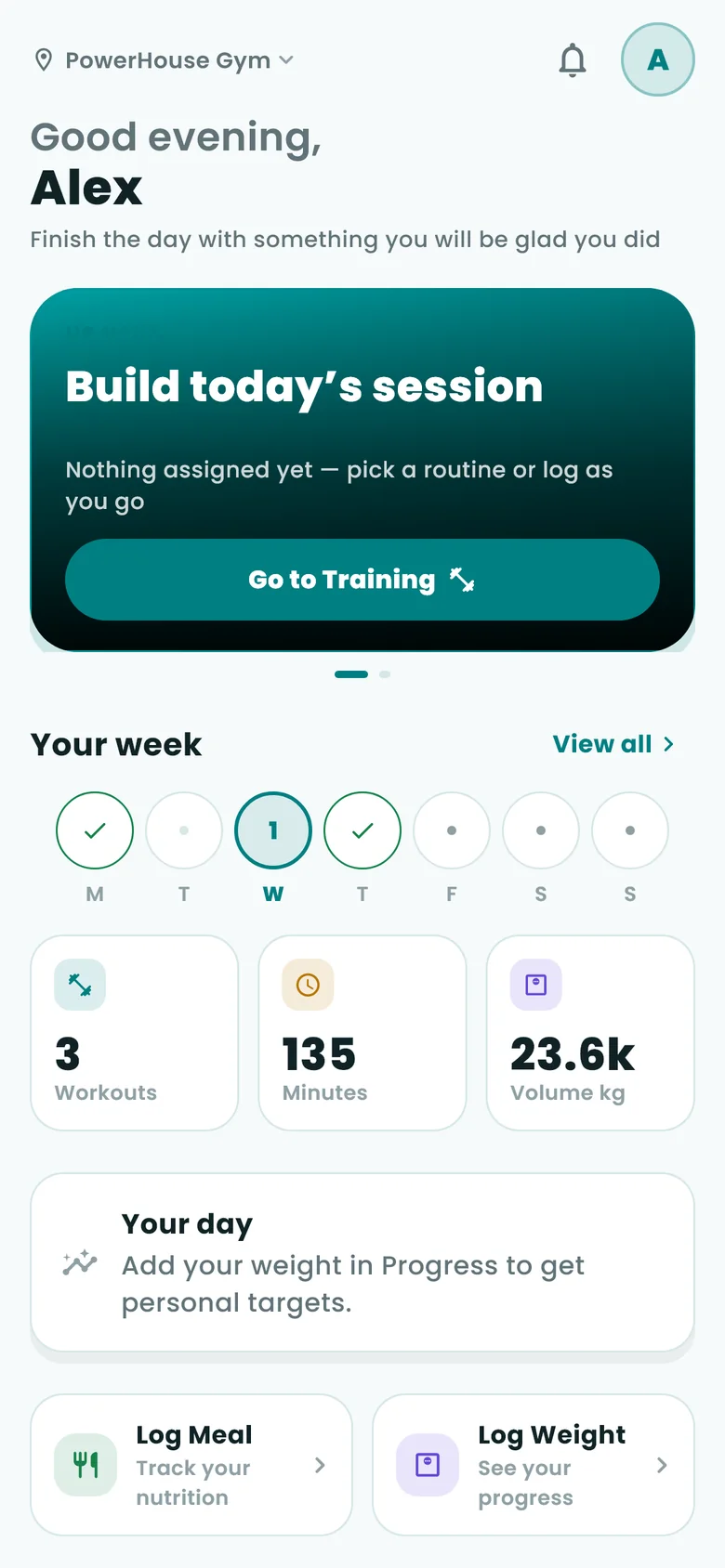 Gymnast app Today screen: greeting, a card to build today's session, and the week's workouts, minutes and training volume.