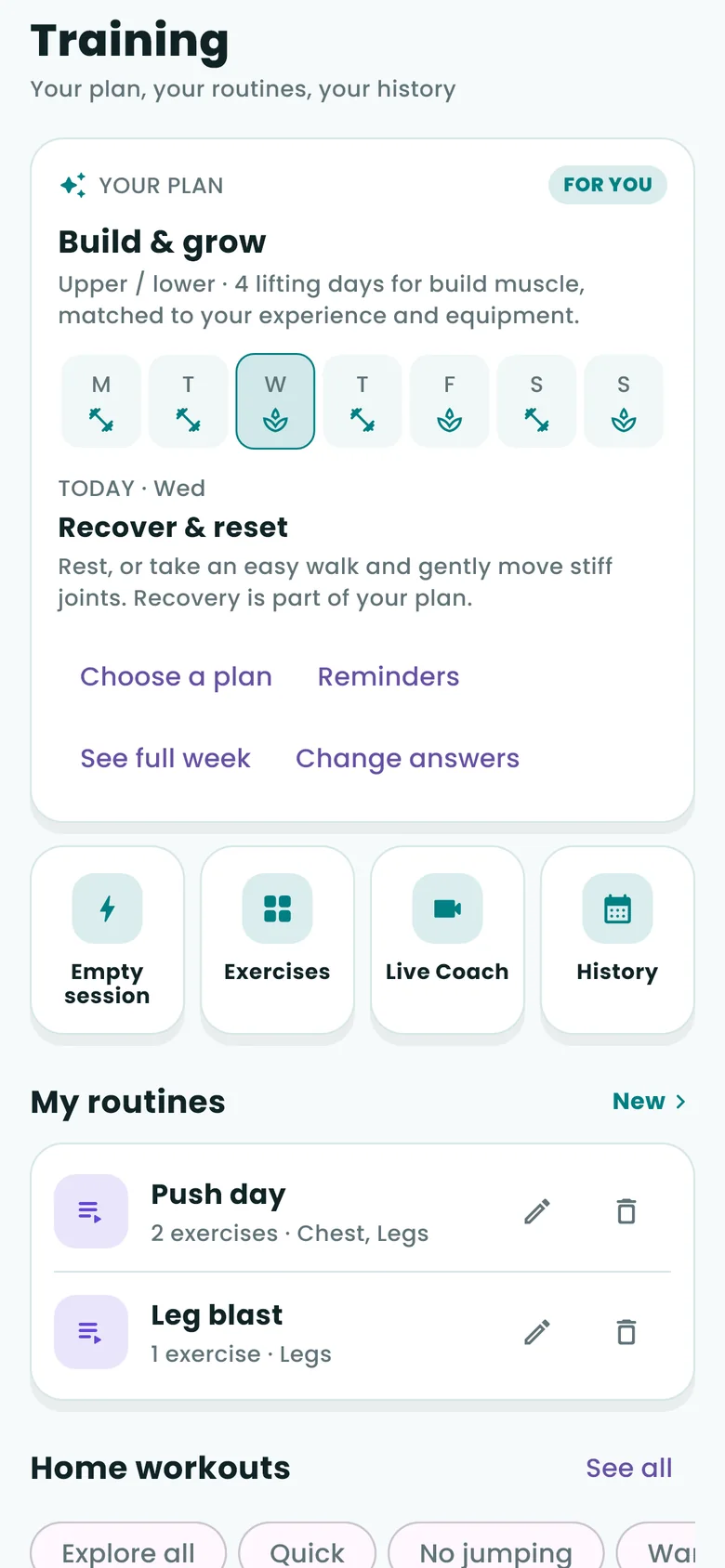 Gymnast Training screen: a Build and grow plan for four lifting days, today's session, and shortcuts to exercises, Live Coach and history.